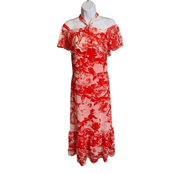 Chelsea28 Womens Red Floral Halter Ruffle Midi Dress Size M Boho Fairy Statement - Picture 1 of 16
